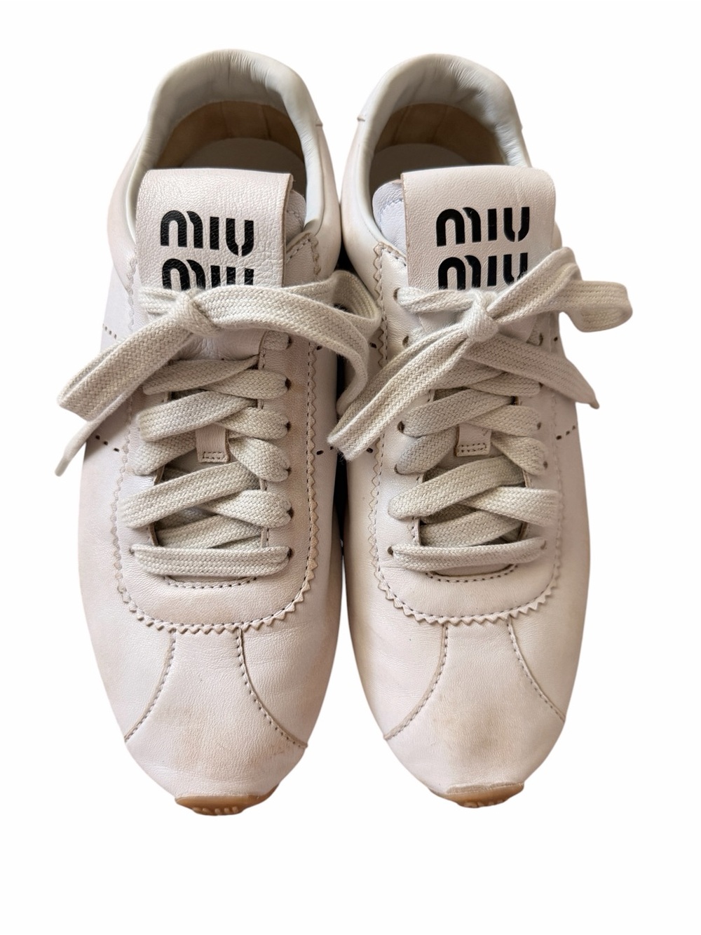 Miu Miu Plume Off-White Leather Lace-Up Sneakers intentionally distressed